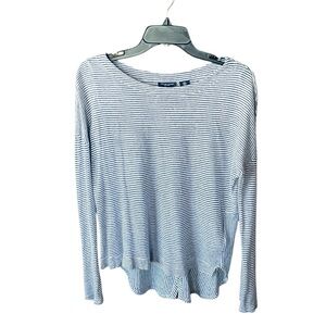 Adrienne Vittadini 100% linen button back roll tab sleeve tunic S blue white